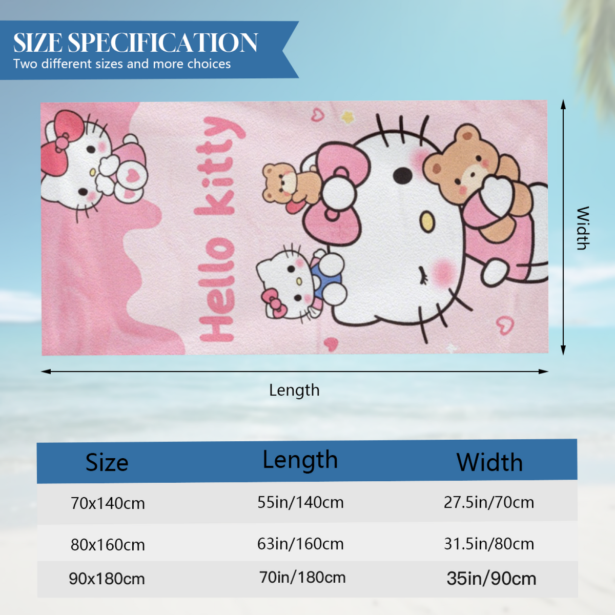 Cute Pink Hello Kitty Bear Cartoon Beach Towel, Super Plush & Comfortable, Fast Water Absorbing, Diverse Length Sizes Perfect for Girls Kids Pool Day