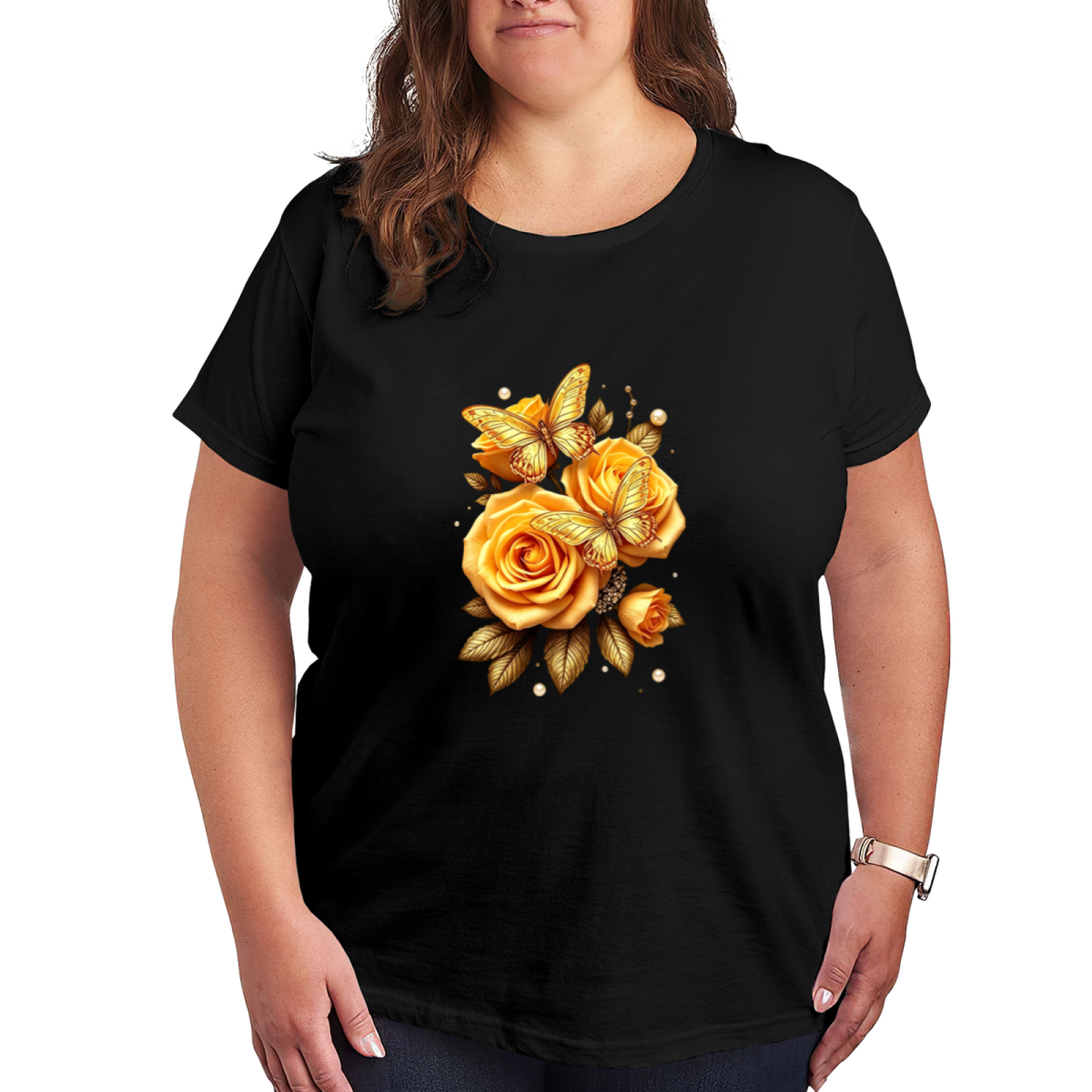 Luxury Golden Roses Shiny Pearl Butterfly Dark Plus Size Women Printed T-Shirt