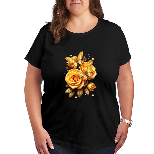 Luxury Golden Roses Shiny Pearl Butterfly Dark Plus Size Women Printed T-Shirt
