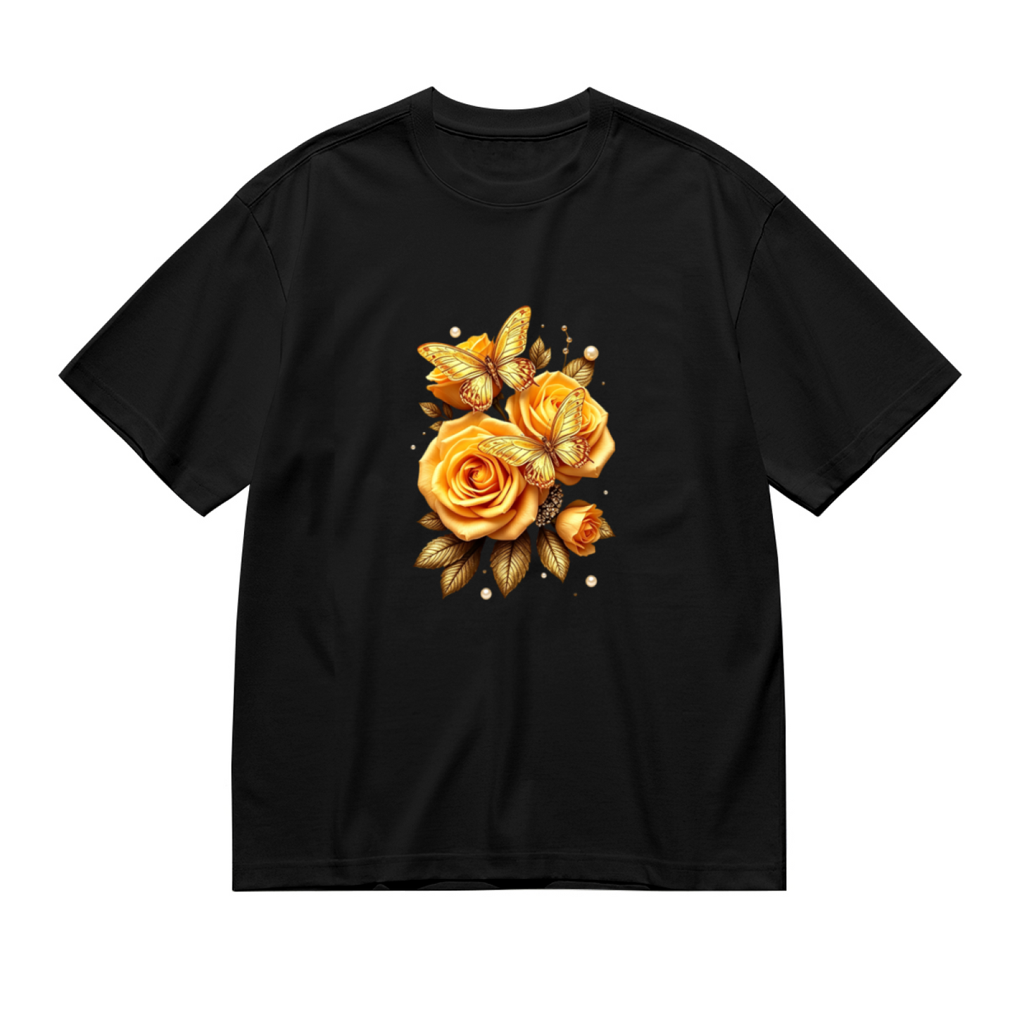 Luxury Golden Roses Shiny Pearl Butterfly Dark Plus Size Women Printed T-Shirt