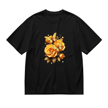 Luxury Golden Roses Shiny Pearl Butterfly Dark Plus Size Women Printed T-Shirt