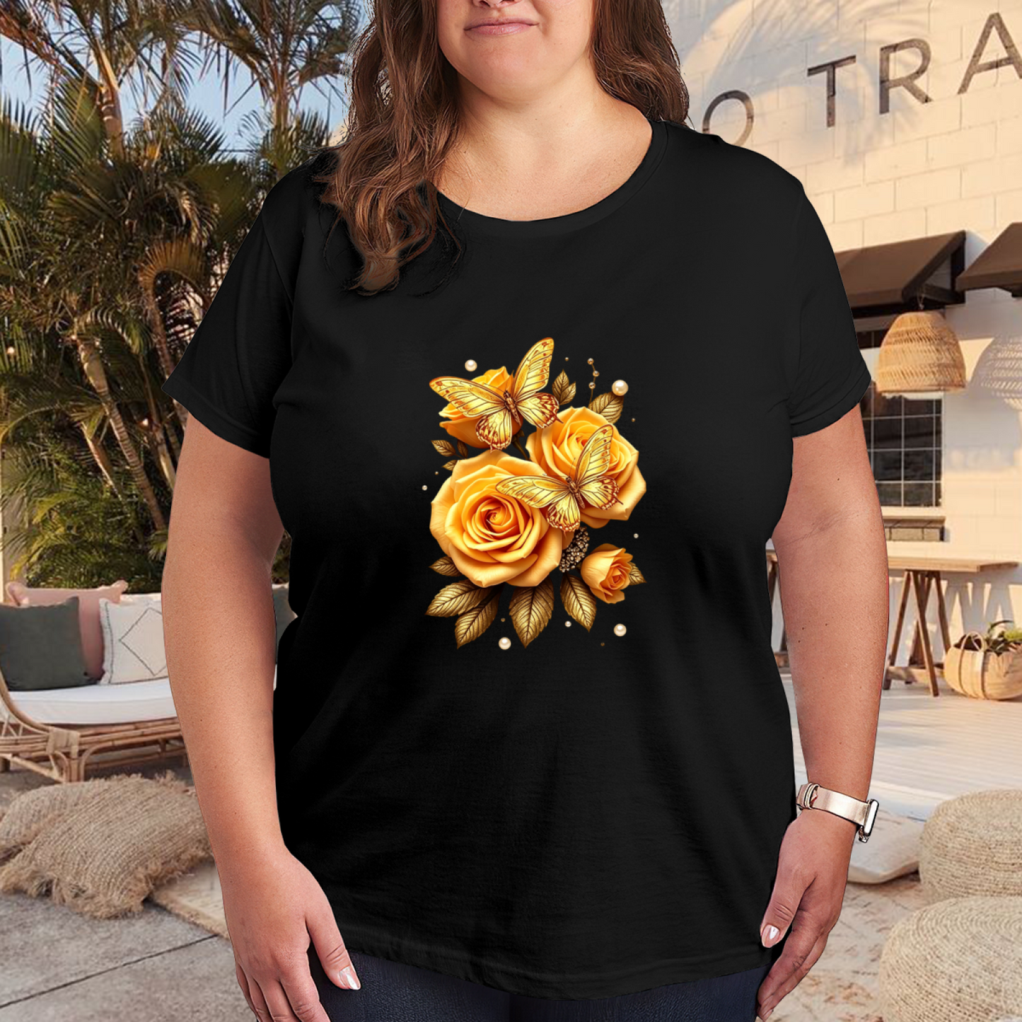 Luxury Golden Roses Shiny Pearl Butterfly Dark Plus Size Women Printed T-Shirt