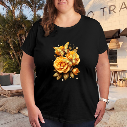 Luxury Golden Roses Shiny Pearl Butterfly Dark Plus Size Women Printed T-Shirt