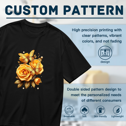 Luxury Golden Roses Shiny Pearl Butterfly Dark Plus Size Women Printed T-Shirt