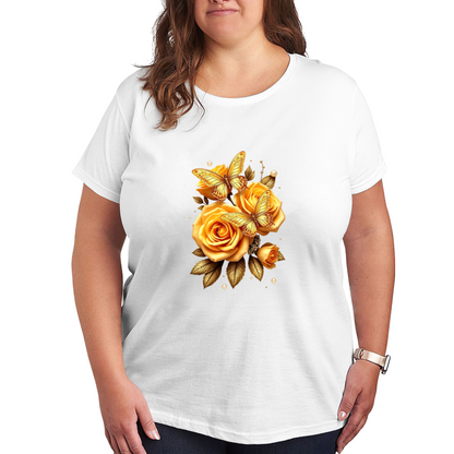 Luxury Golden Roses Shiny Pearl Butterfly Dark Plus Size Women Printed T-Shirt