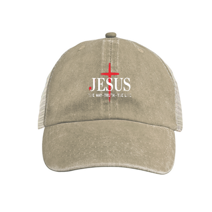 Red Cross JESUS THE WAY TRUTH LIFE Dusty Wine Red Distressed Trucker Hat, Christian Faith Mesh Back Cap