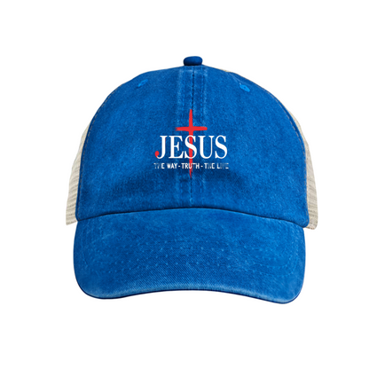 Red Cross JESUS THE WAY TRUTH LIFE Dusty Wine Red Distressed Trucker Hat, Christian Faith Mesh Back Cap