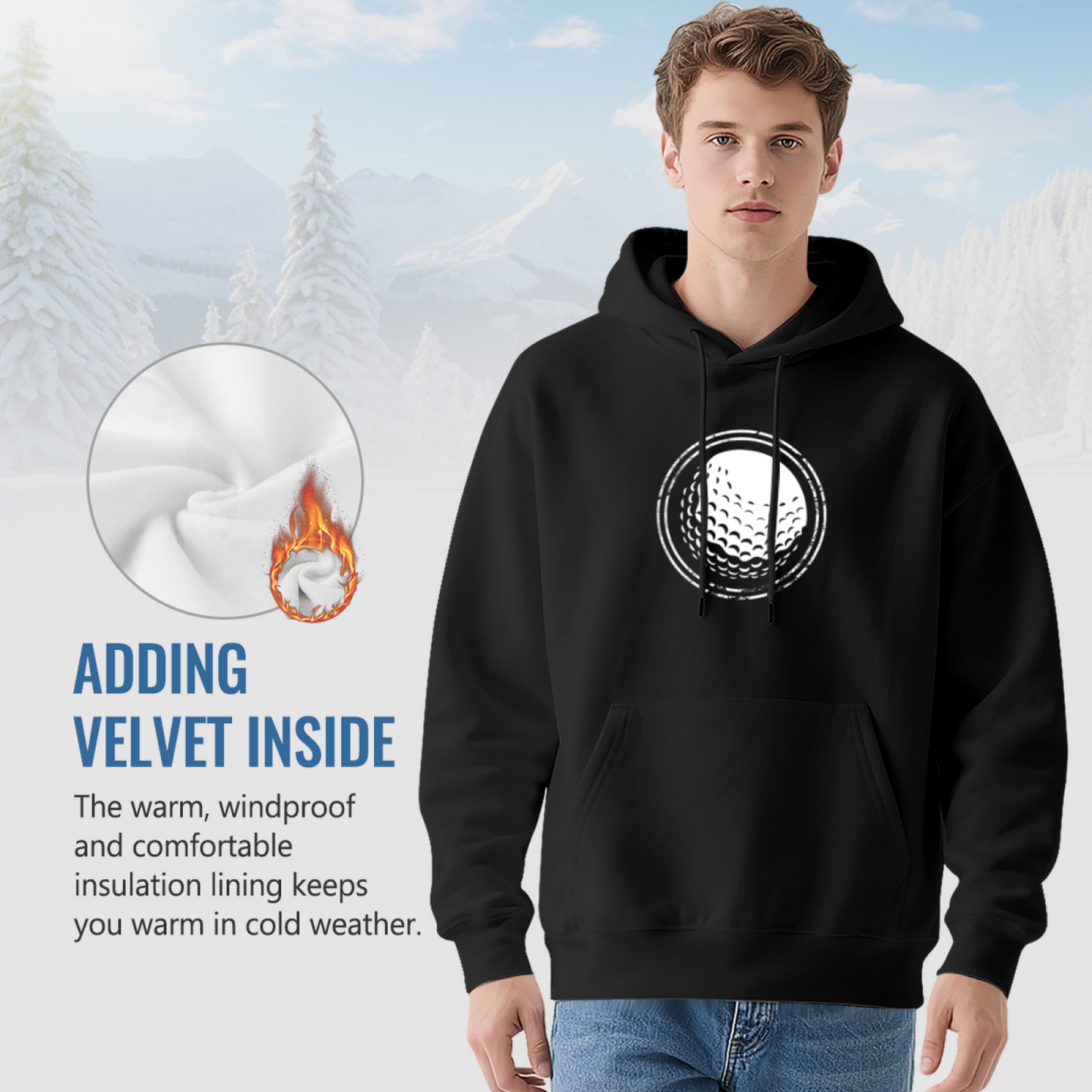Retro Golf Ball Graphic Black Hoodie, Snug Sports Daily Hoodie