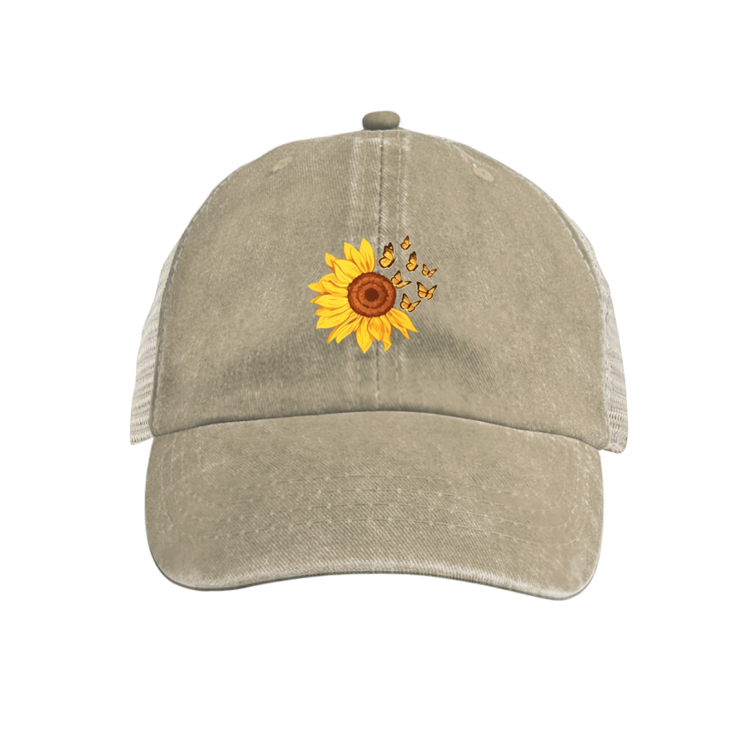 Sunflower & Butterflies Yellow Vintage Washed Mesh Trucker Hat ¨C Cute Floral Women Cap