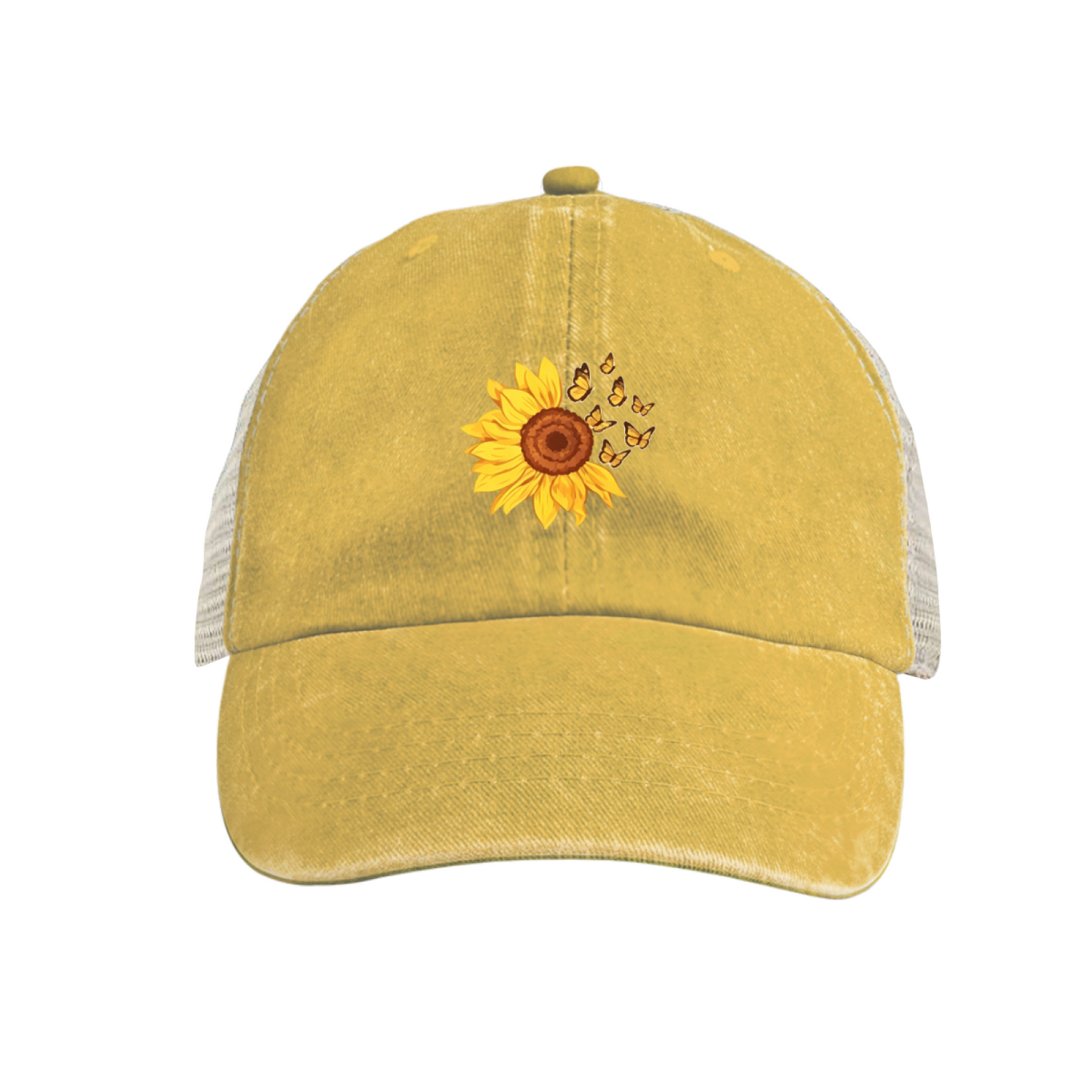 Sunflower & Butterflies Yellow Vintage Washed Mesh Trucker Hat ¨C Cute Floral Women Cap