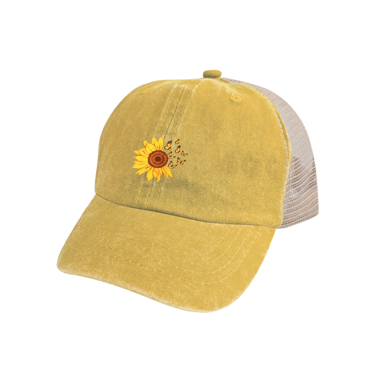 Sunflower & Butterflies Yellow Vintage Washed Mesh Trucker Hat ¨C Cute Floral Women Cap