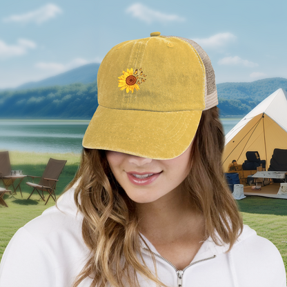 Sunflower & Butterflies Yellow Vintage Washed Mesh Trucker Hat ¨C Cute Floral Women Cap