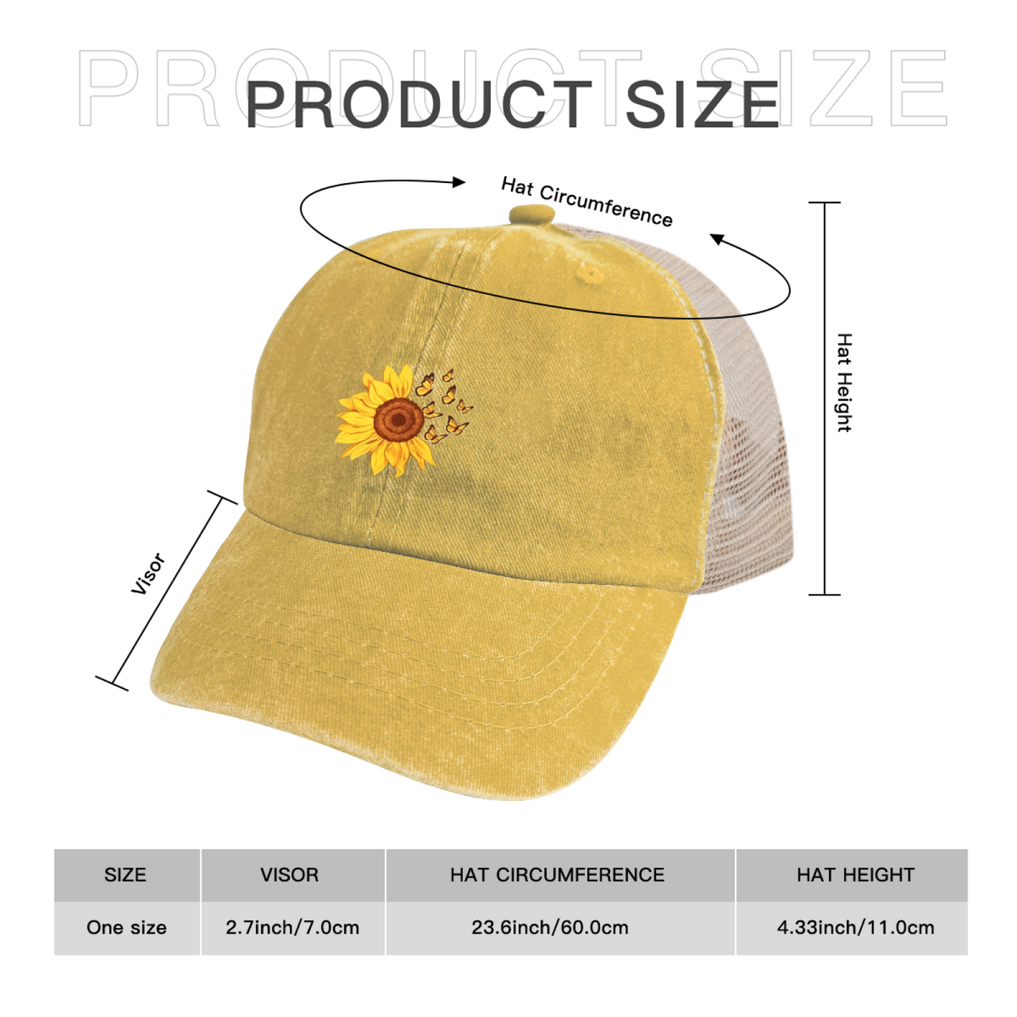 Sunflower & Butterflies Yellow Vintage Washed Mesh Trucker Hat ¨C Cute Floral Women Cap