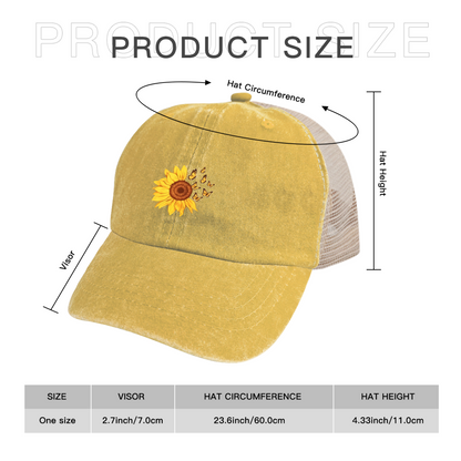 Sunflower & Butterflies Yellow Vintage Washed Mesh Trucker Hat ¨C Cute Floral Women Cap