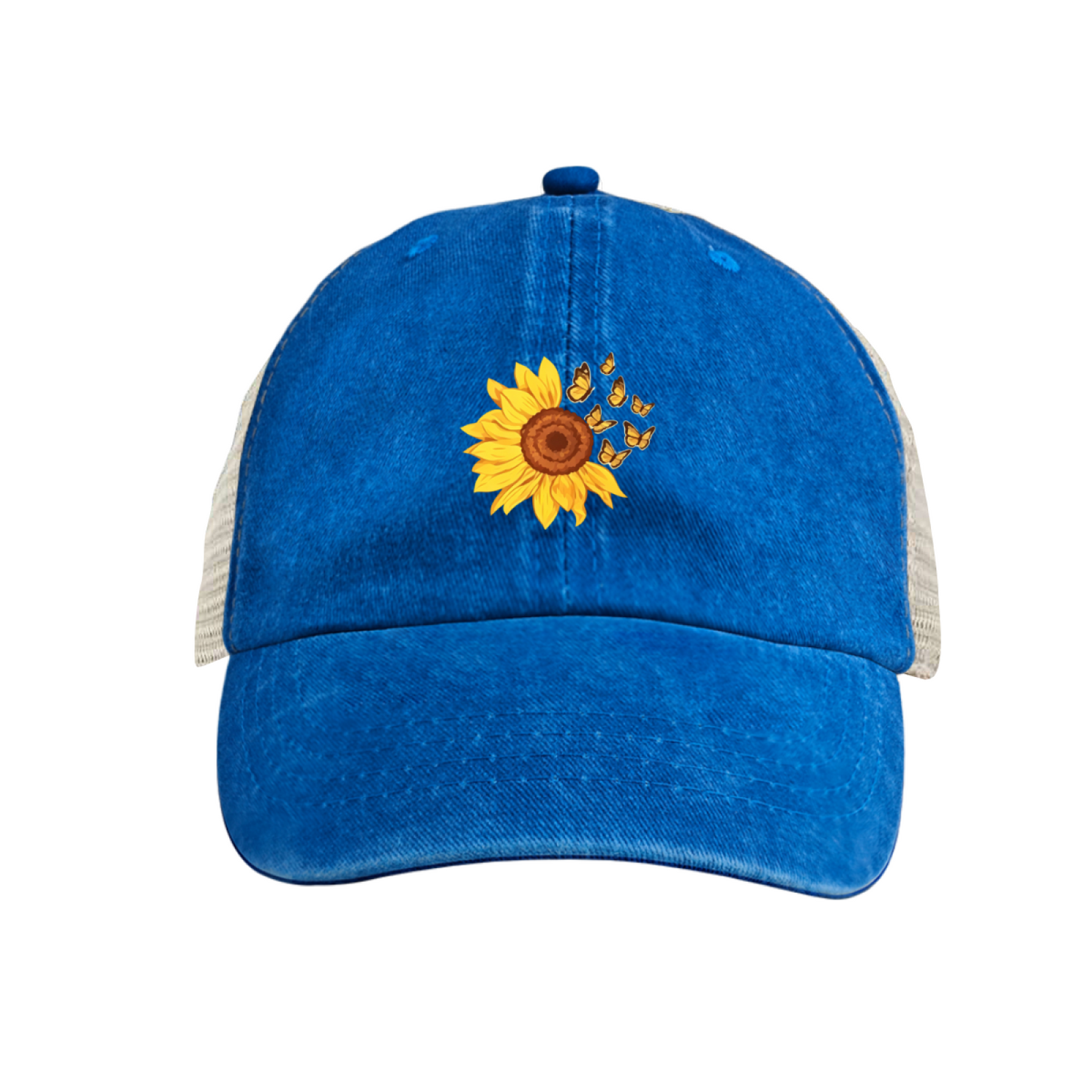 Sunflower & Butterflies Yellow Vintage Washed Mesh Trucker Hat ¨C Cute Floral Women Cap