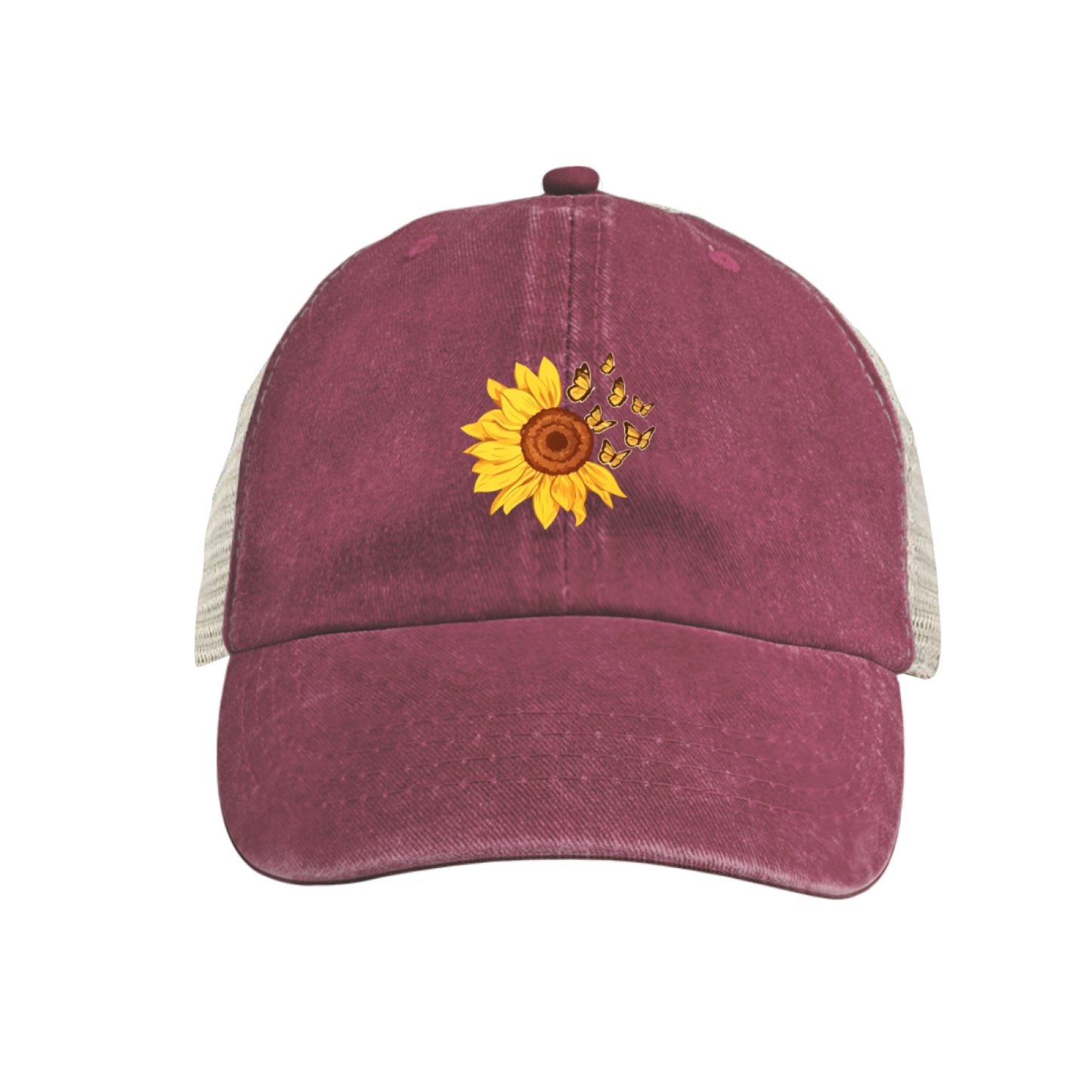 Sunflower & Butterflies Yellow Vintage Washed Mesh Trucker Hat ¨C Cute Floral Women Cap