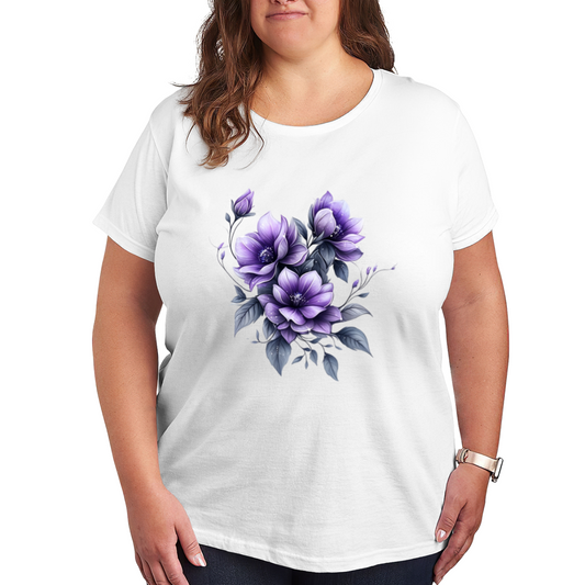Soft Watercolor Purple Magnolia Floral Aesthetic Plus Size Women Printed T-Shirt