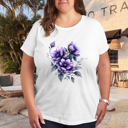 Soft Watercolor Purple Magnolia Floral Aesthetic Plus Size Women Printed T-Shirt