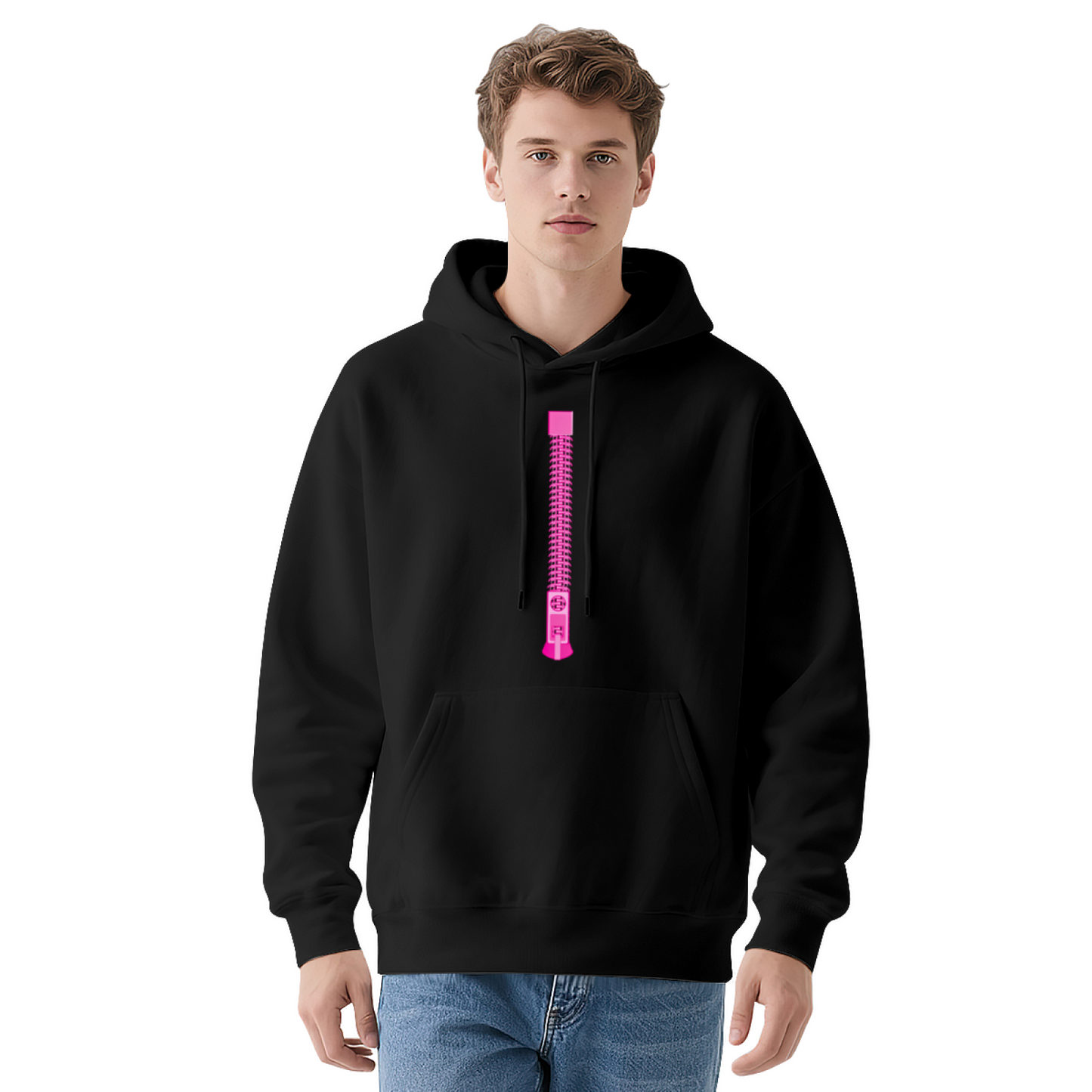 Pink Vertical Zipper Minimal Cute Comfort White Hoodie, Simple Streetwear