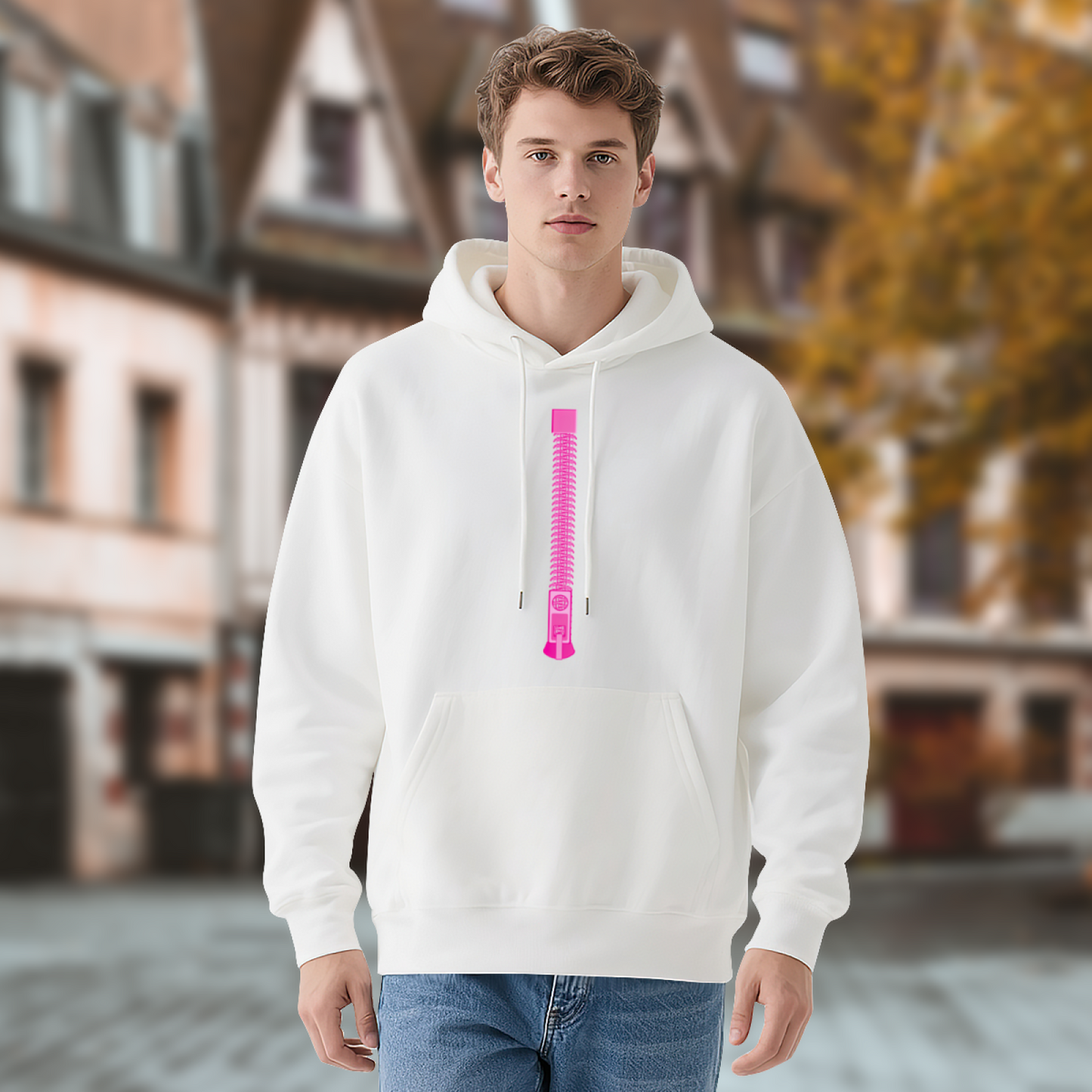 Pink Vertical Zipper Minimal Cute Comfort White Hoodie, Simple Streetwear