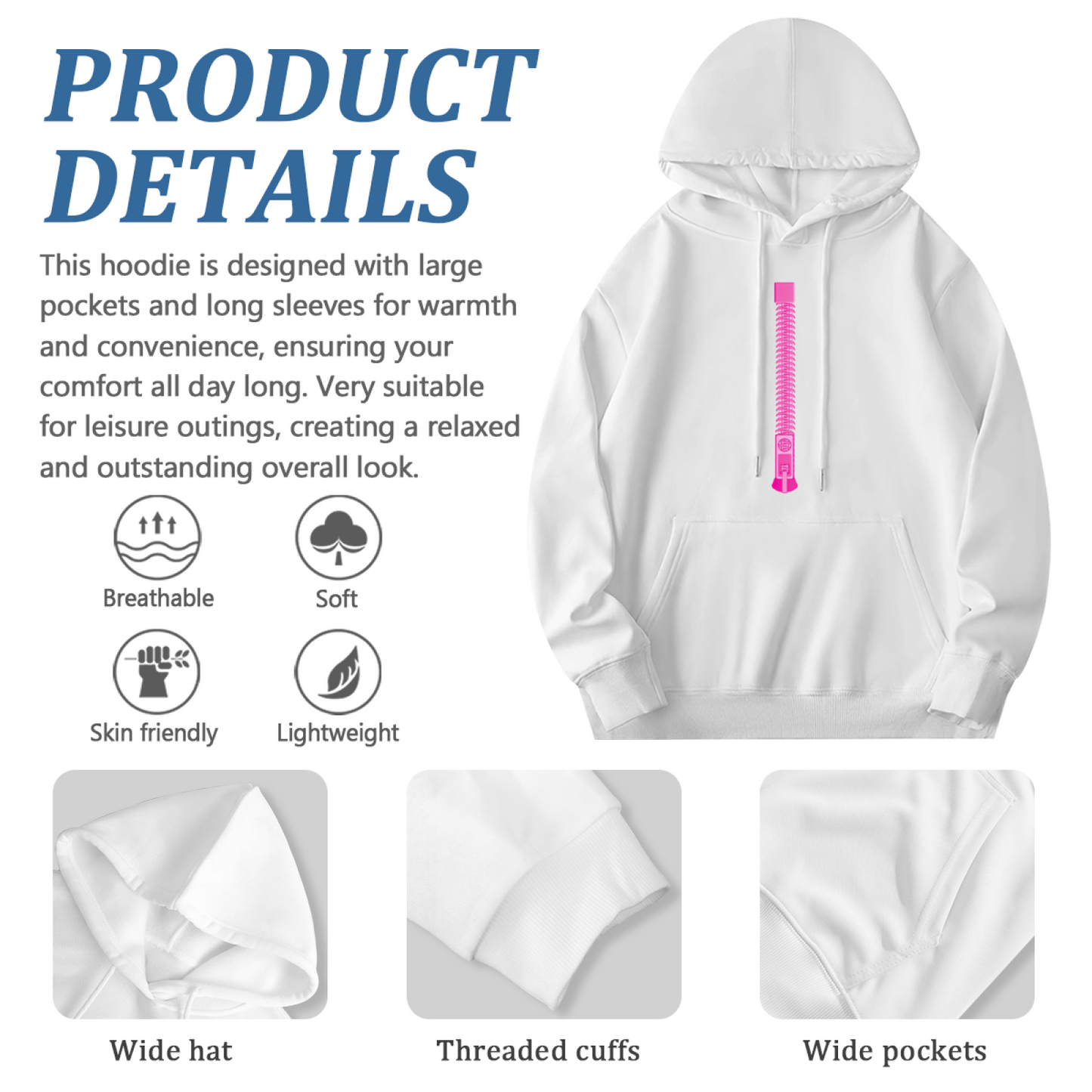 Pink Vertical Zipper Minimal Cute Comfort White Hoodie, Simple Streetwear