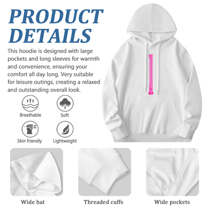Pink Vertical Zipper Minimal Cute Comfort White Hoodie, Simple Streetwear