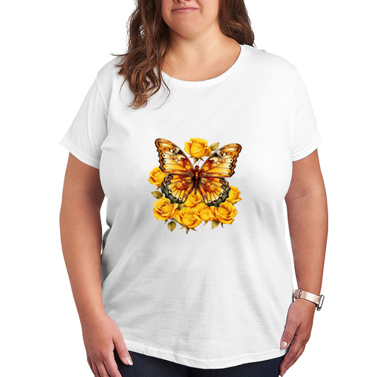 Golden Butterfly Yellow Roses Plus Size Casual Women Tee