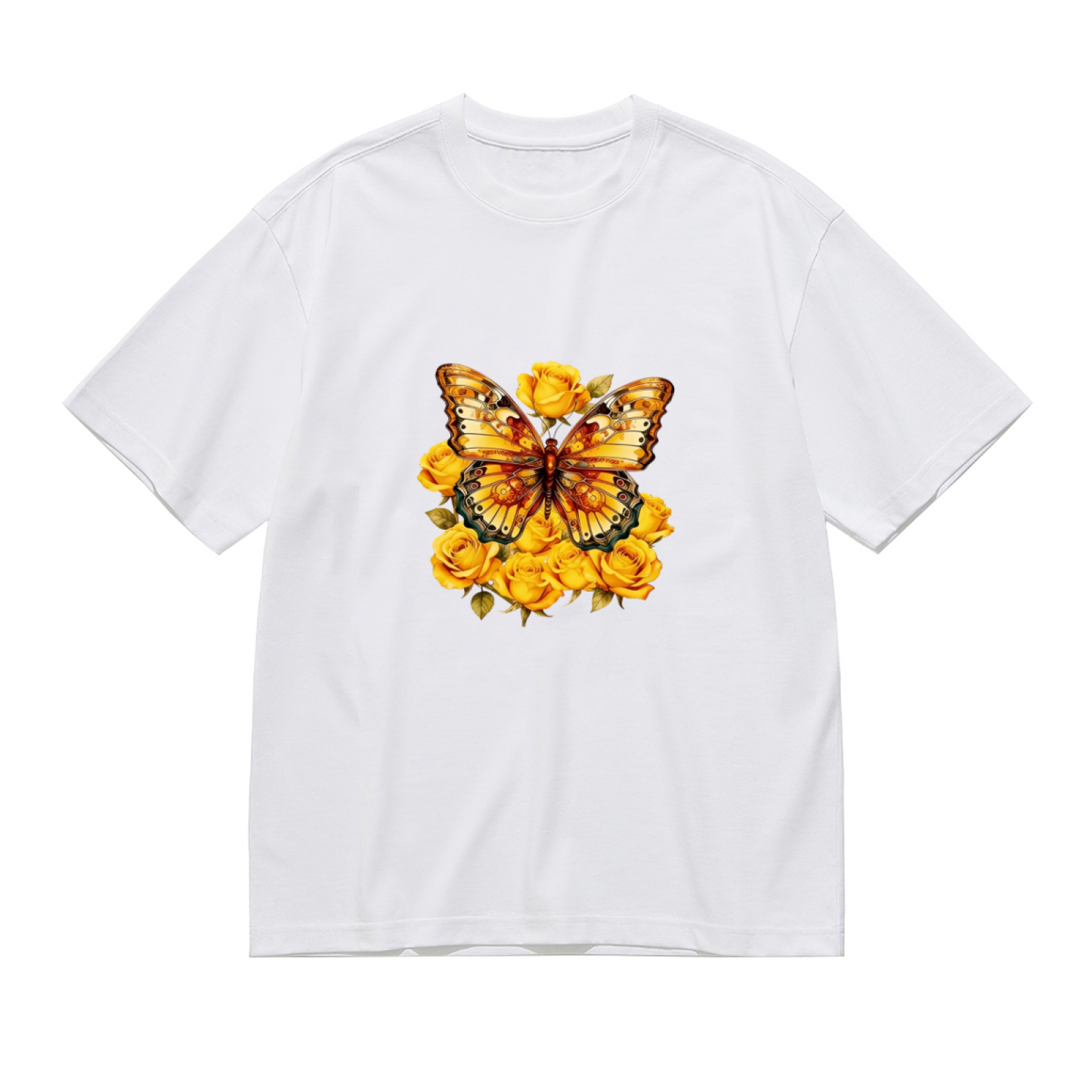 Golden Butterfly Yellow Roses Plus Size Casual Women Tee