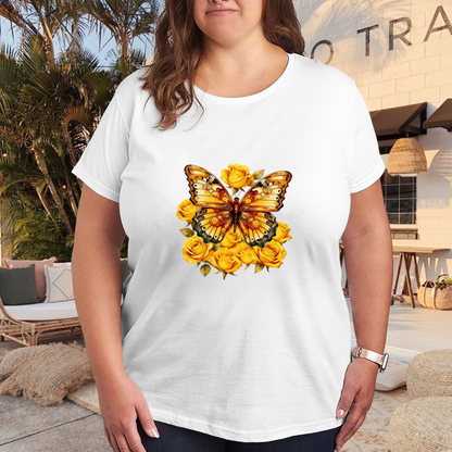 Golden Butterfly Yellow Roses Plus Size Casual Women Tee