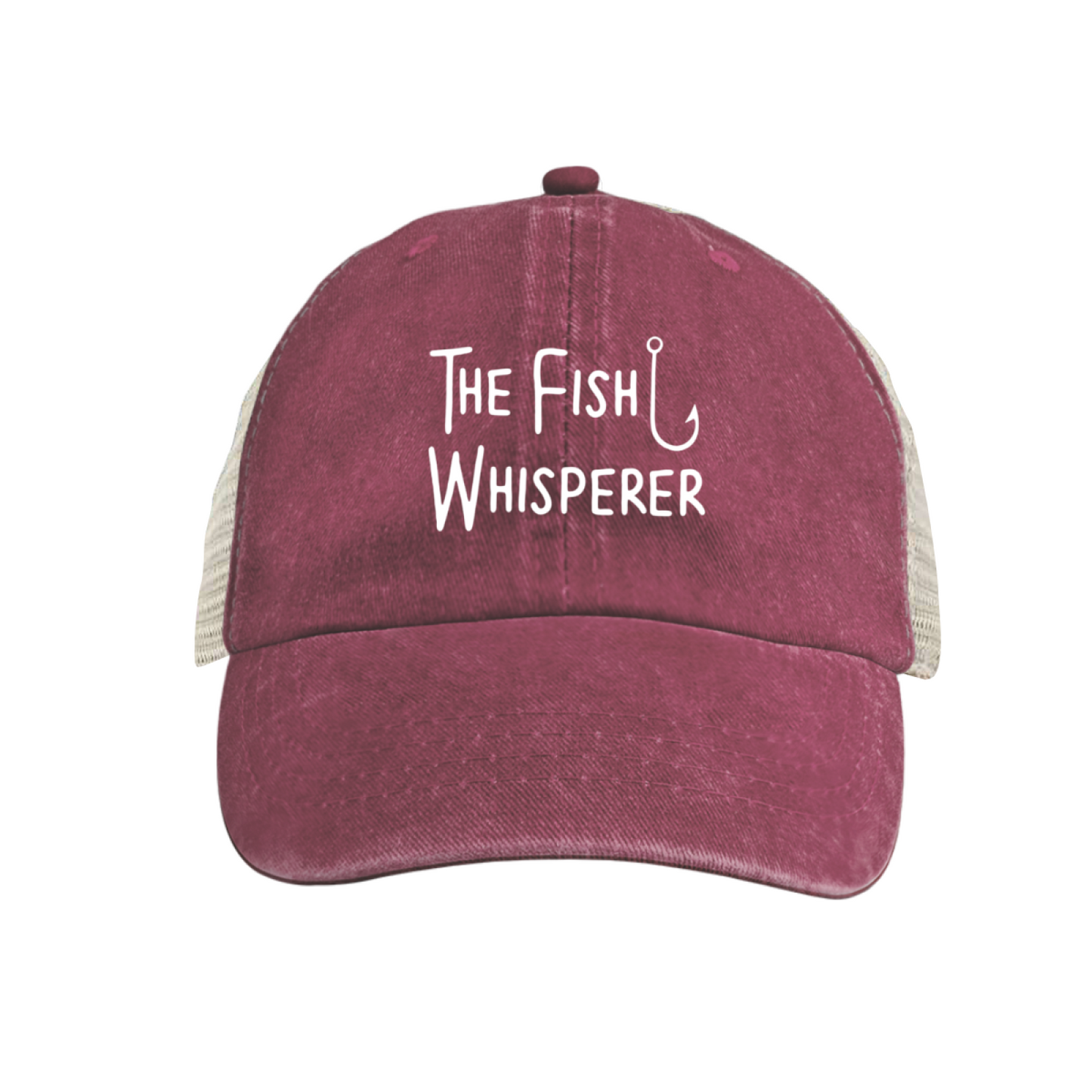 The Fish Whisperer Hook Graphic Maroon Washed Trucker Hat Fishing Lover Mesh Cap