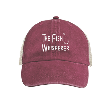 The Fish Whisperer Hook Graphic Maroon Washed Trucker Hat Fishing Lover Mesh Cap
