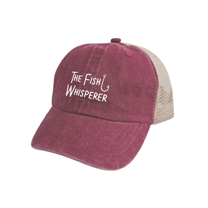 The Fish Whisperer Hook Graphic Maroon Washed Trucker Hat Fishing Lover Mesh Cap