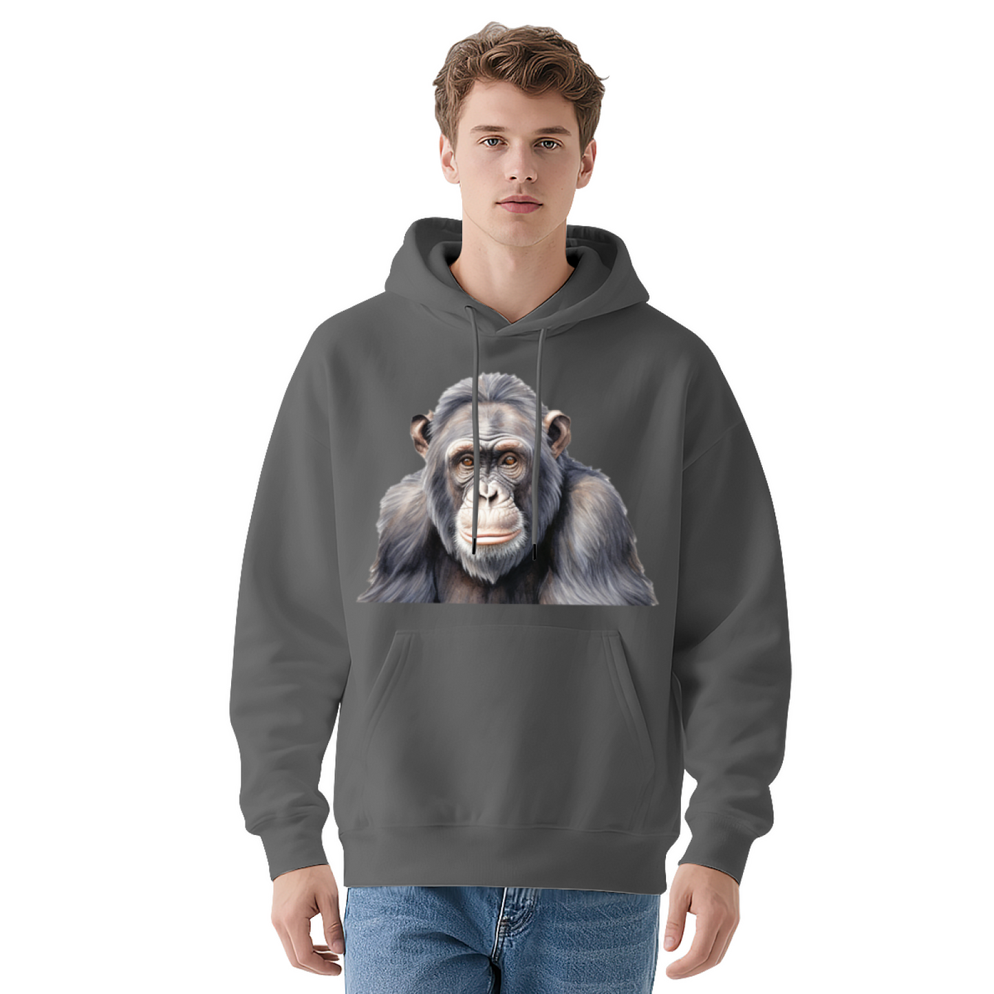 Realistic Chimpanzee Art Print Soft White Hoodie, Animal Lover Relaxed Top