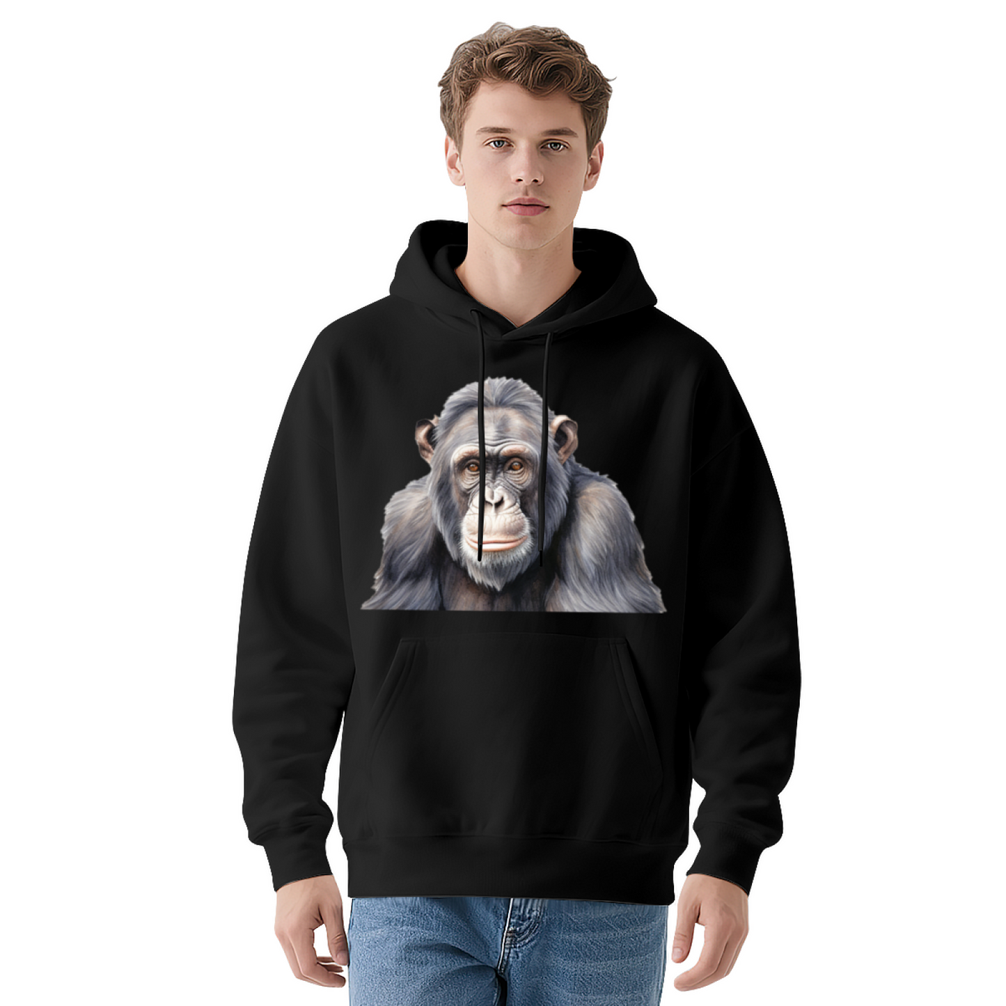 Realistic Chimpanzee Art Print Soft White Hoodie, Animal Lover Relaxed Top