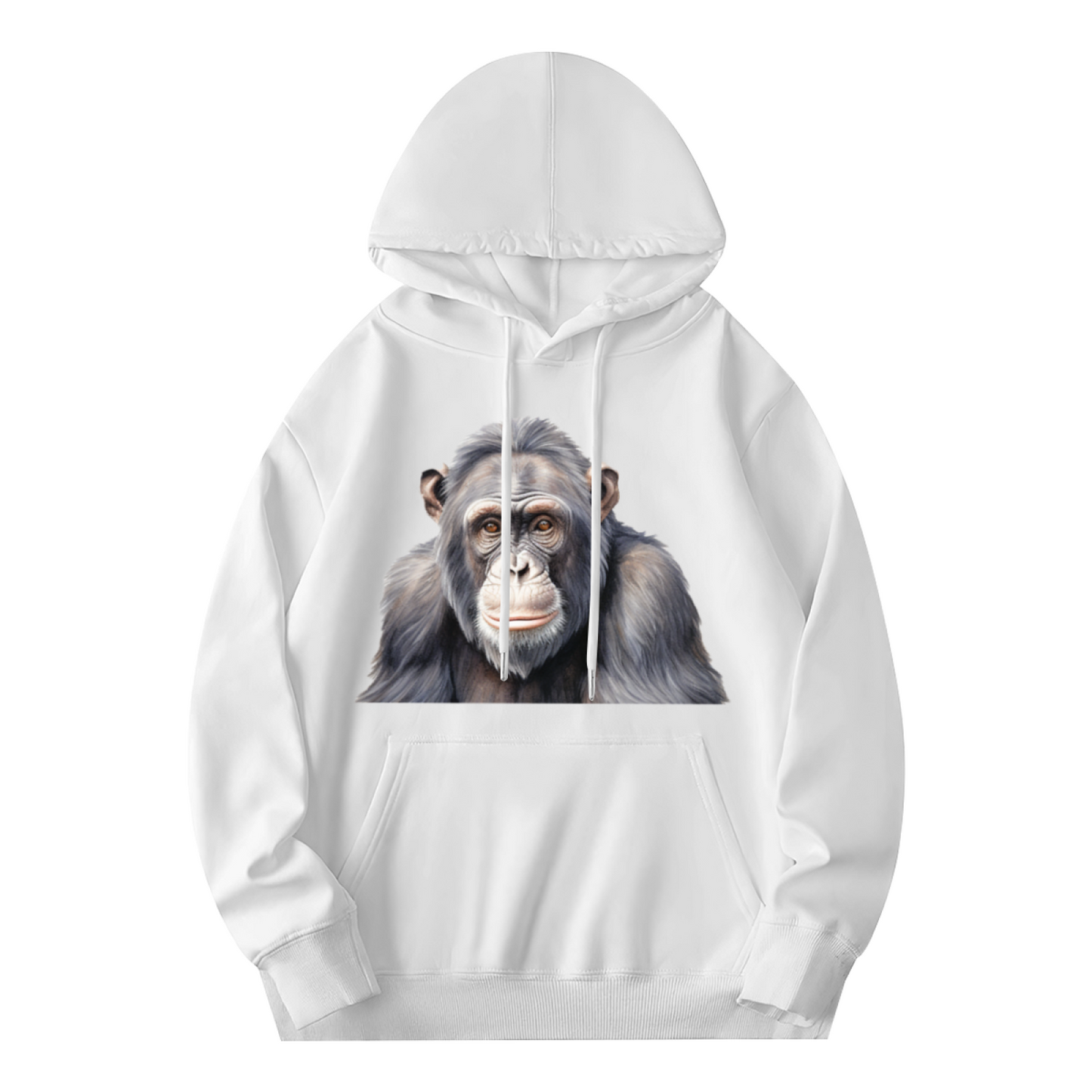 Realistic Chimpanzee Art Print Soft White Hoodie, Animal Lover Relaxed Top