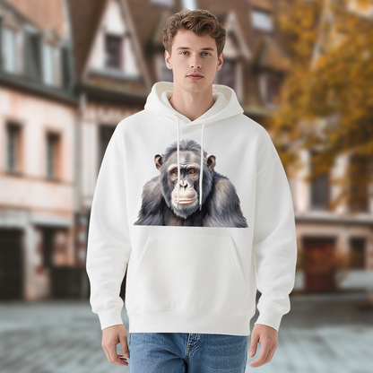 Realistic Chimpanzee Art Print Soft White Hoodie, Animal Lover Relaxed Top