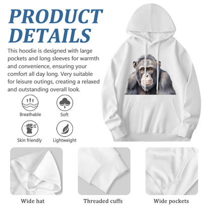Realistic Chimpanzee Art Print Soft White Hoodie, Animal Lover Relaxed Top