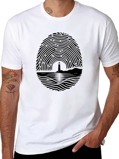 Fingerprint Lighthouse Graphic Tee - Unique Black T-Shirt