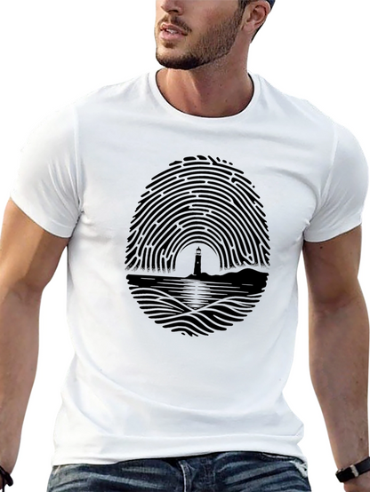 Fingerprint Lighthouse Graphic Tee - Unique Black T-Shirt