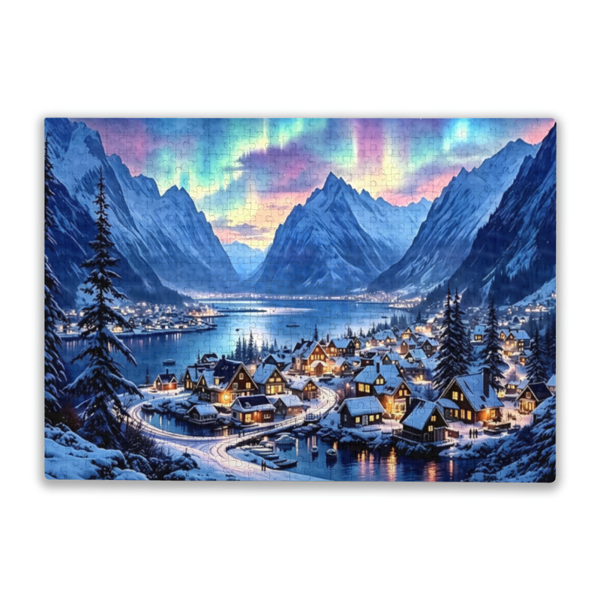 Magical Aurora Borealis Snowy Fjord Mountain Village Landscape Puzzle | 300/500/1000 Pieces