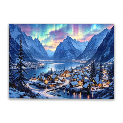 Magical Aurora Borealis Snowy Fjord Mountain Village Landscape Puzzle | 300/500/1000 Pieces
