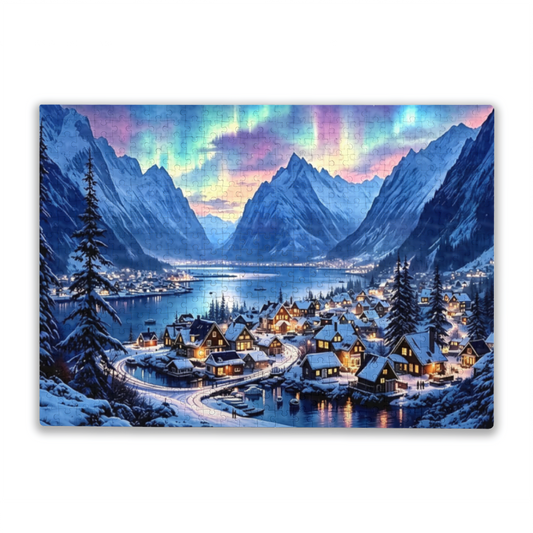 Magical Aurora Borealis Snowy Fjord Mountain Village Landscape Puzzle | 300/500/1000 Pieces