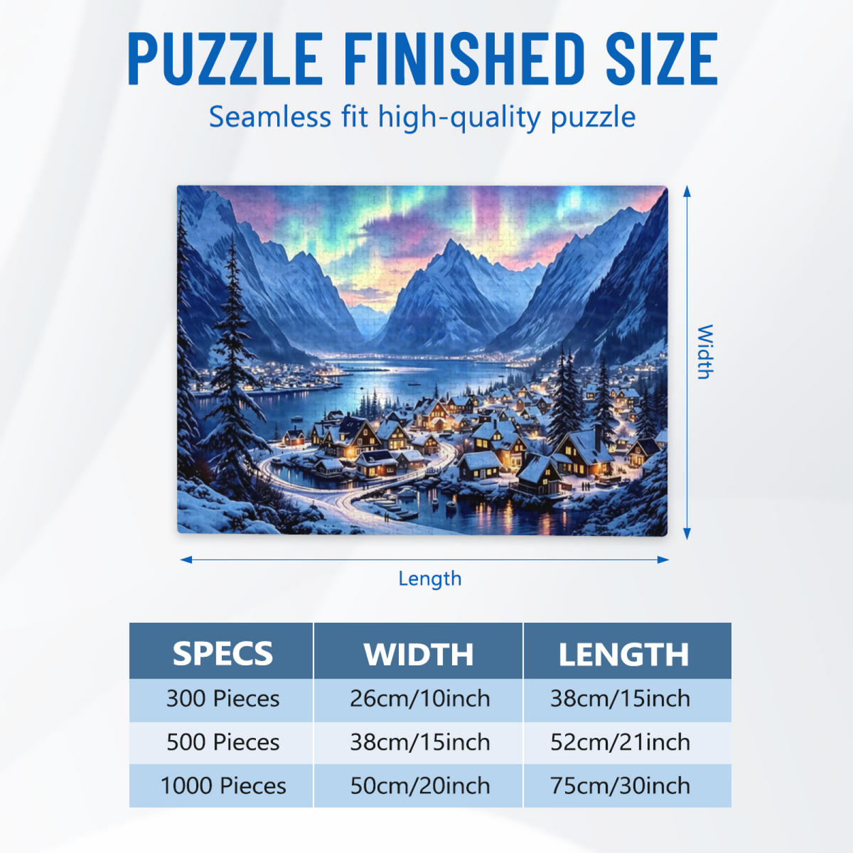 Magical Aurora Borealis Snowy Fjord Mountain Village Landscape Puzzle | 300/500/1000 Pieces