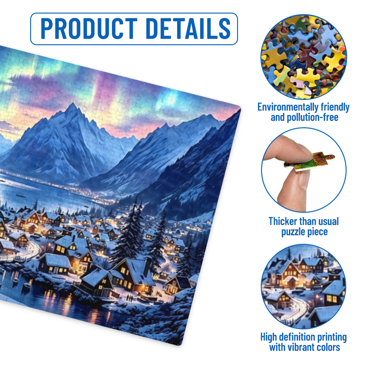 Magical Aurora Borealis Snowy Fjord Mountain Village Landscape Puzzle | 300/500/1000 Pieces