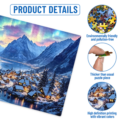 Magical Aurora Borealis Snowy Fjord Mountain Village Landscape Puzzle | 300/500/1000 Pieces