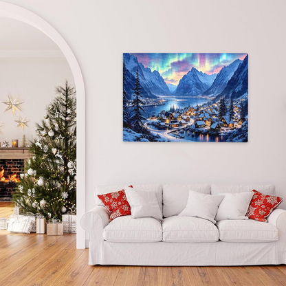 Magical Aurora Borealis Snowy Fjord Mountain Village Landscape Puzzle | 300/500/1000 Pieces