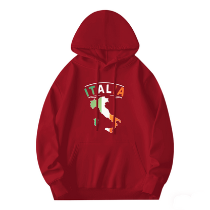 Italia Flag Map Print Red Hoodie, Italian Culture Unisex Comfort Pullover