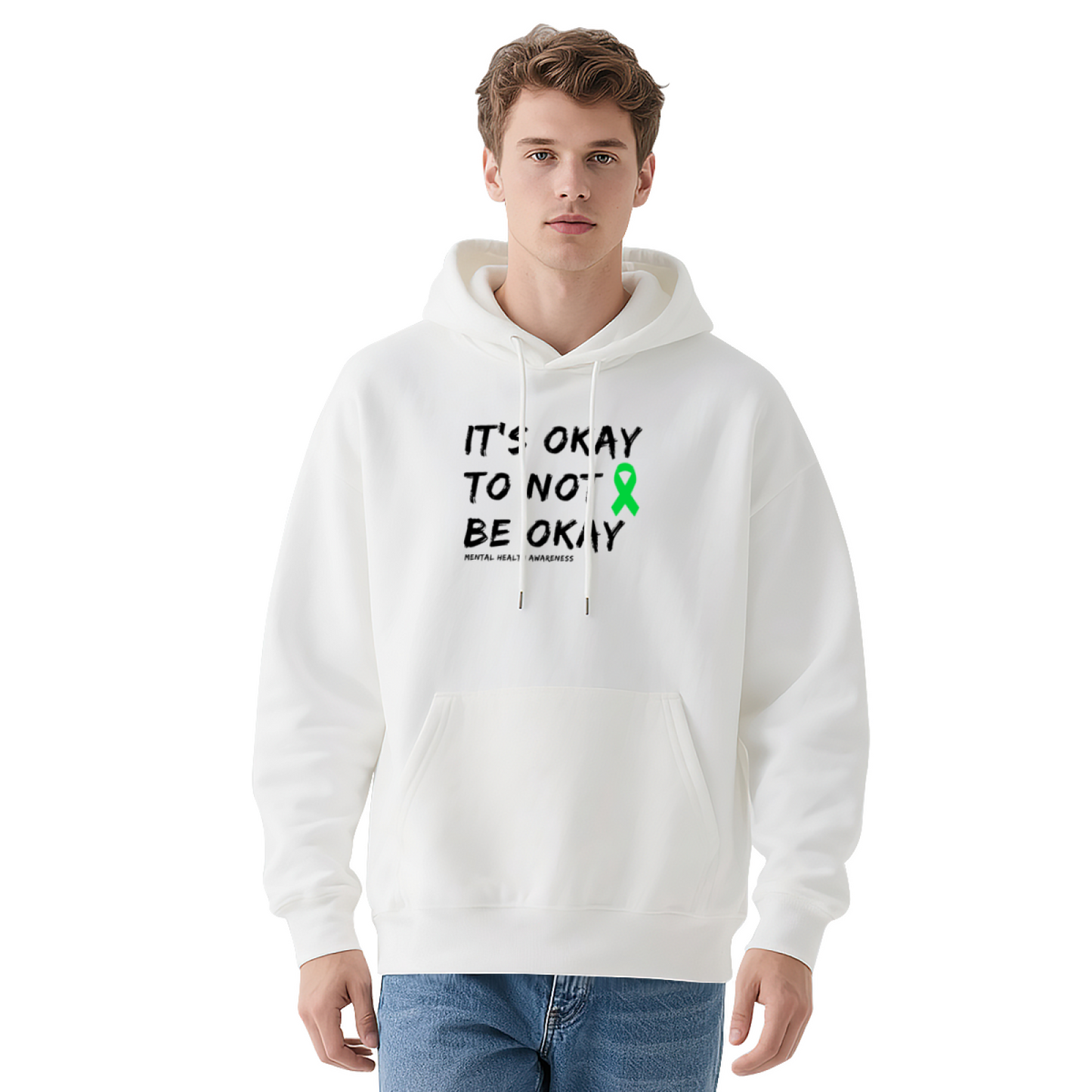 Mental Health Awareness Green Ribbon White Hoodie, Gentle Comfort Daily Top