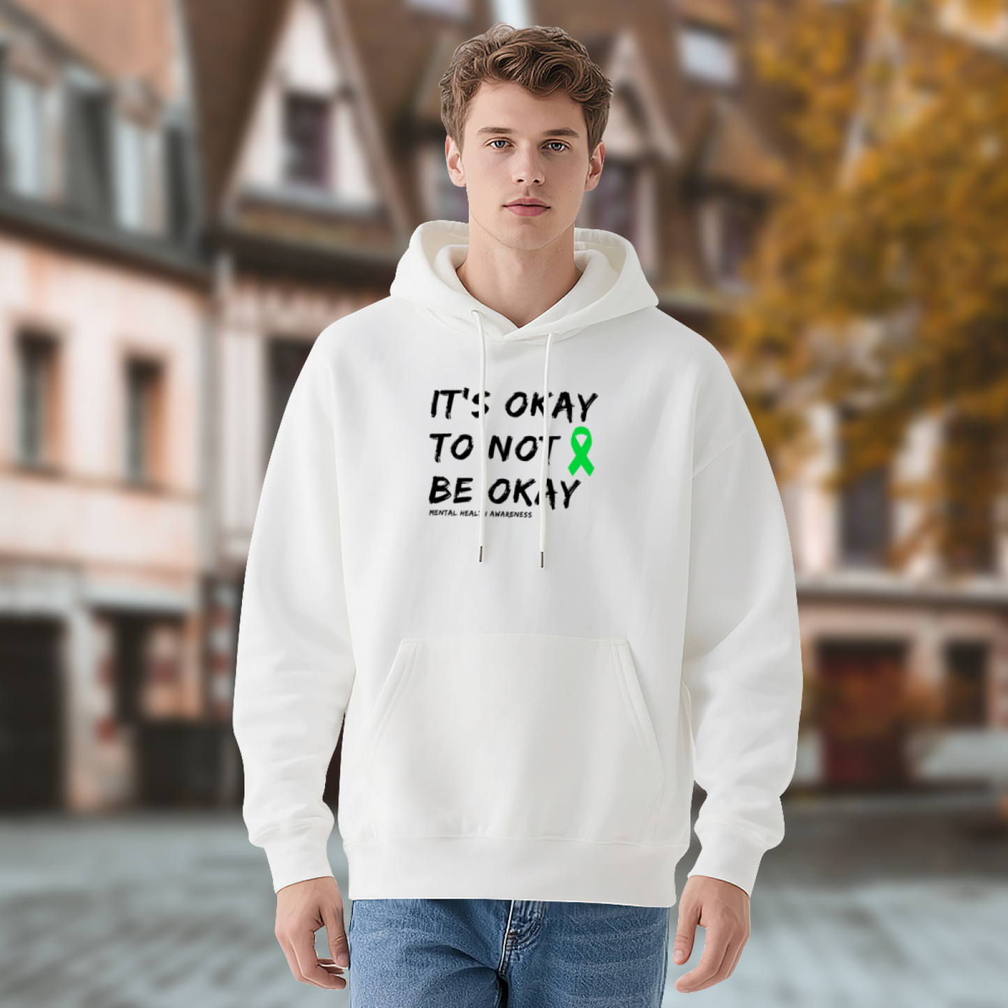 Mental Health Awareness Green Ribbon White Hoodie, Gentle Comfort Daily Top