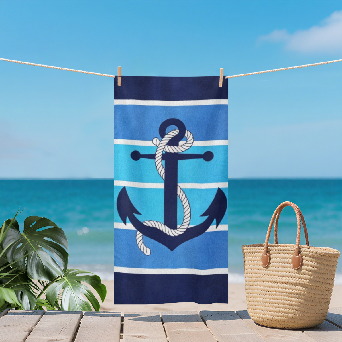 Classic Nautical Anchor Striped Beach Towel, Ultra Cozy Smooth Touch, Rapid Water Absorbency, Various Length Specifications for Men Ocean Travel Camping